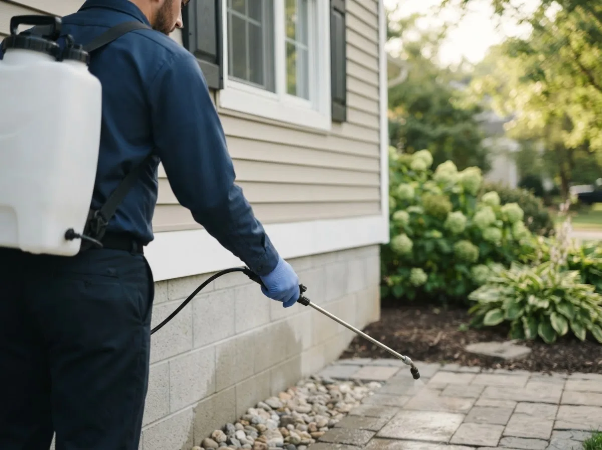 Pest control technician inspecting a home in Paxton, NE
